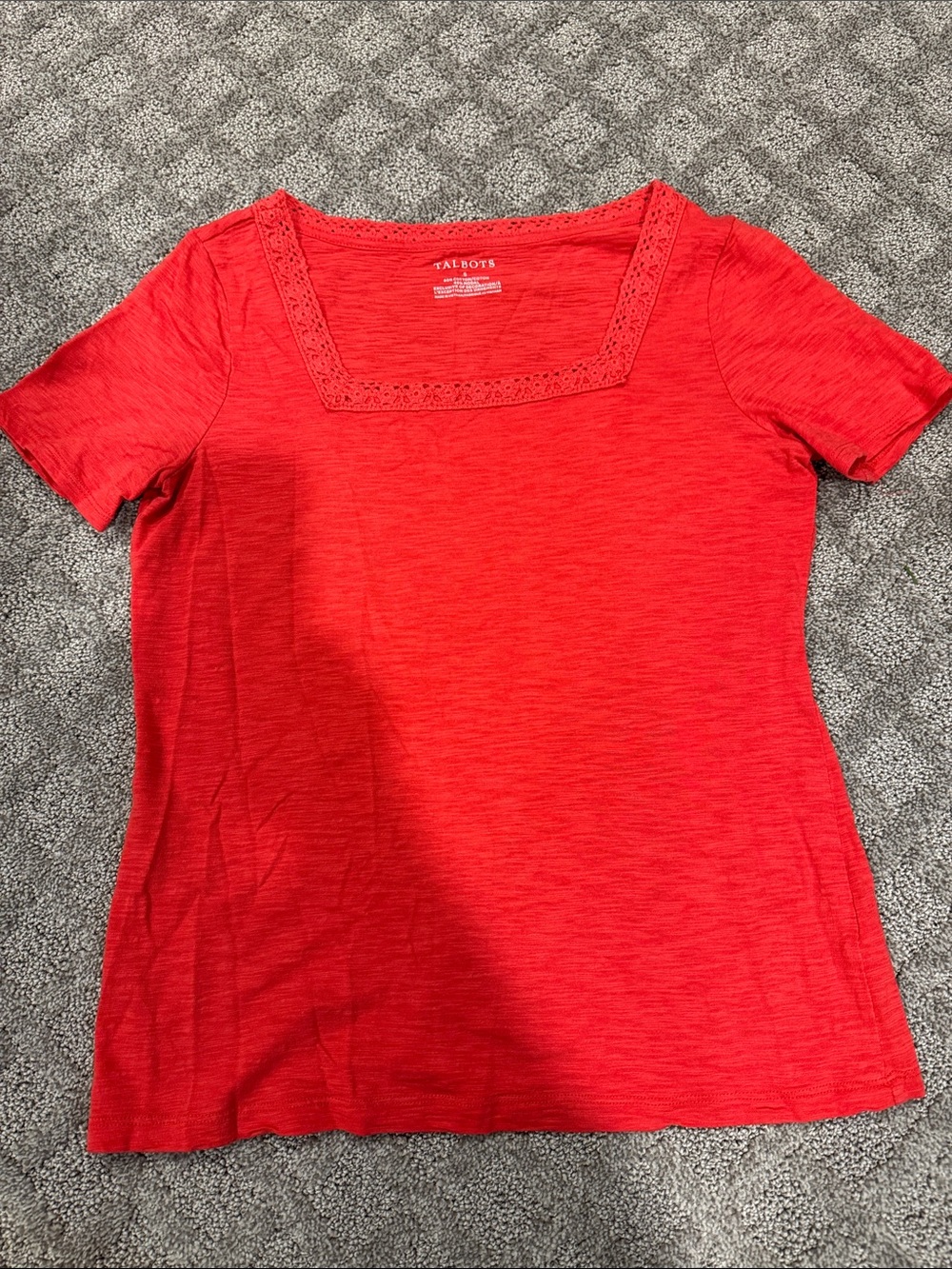 Talbots Red Square Neck Short Sleeve Tee with Eyelet Trim